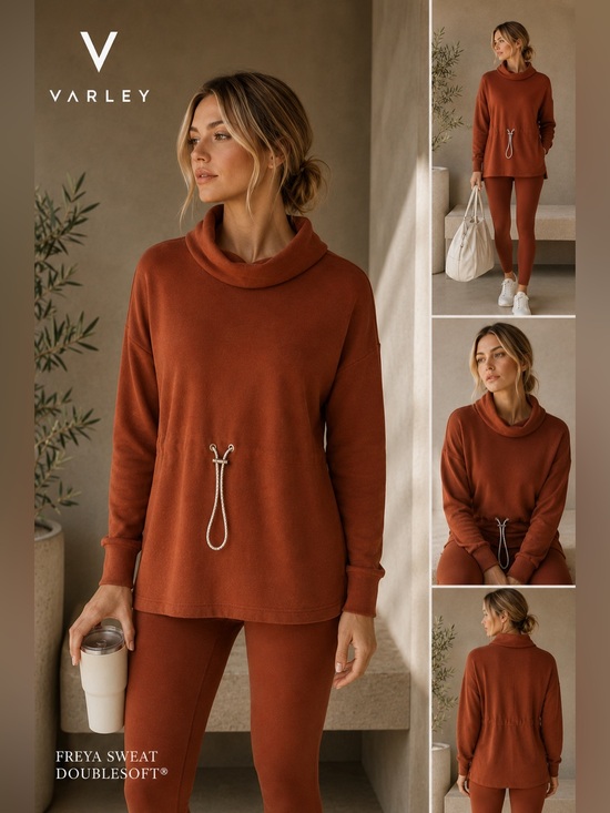 Varley Sweaters - Varley Freya Sweat Pullover Womens S Rust Brown Doublesoft Funnel Neck Lounge C2